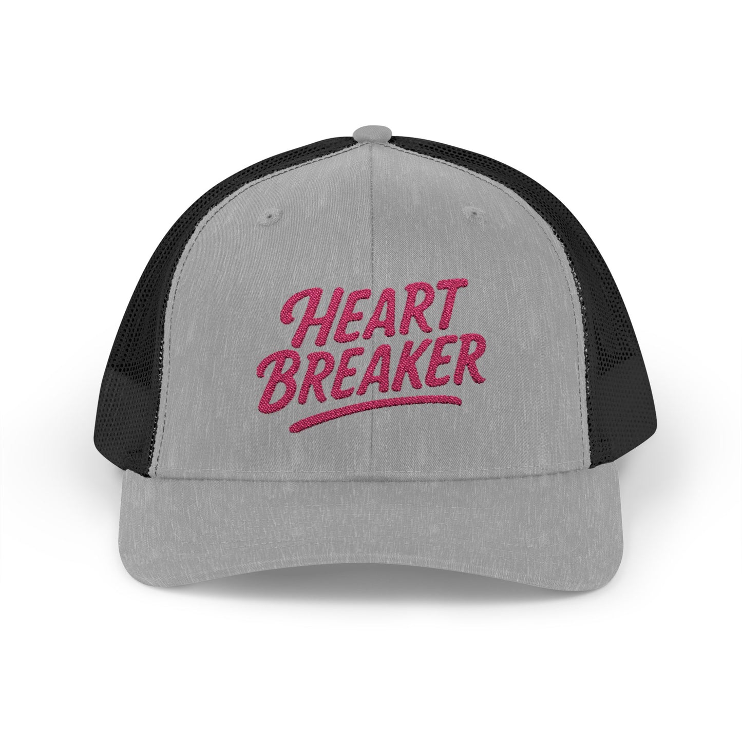 Heartbreaker Trucker Hat – Bold Baseball Hat with Retro Script and Broken Heart Design for Confident Rule-Breakers. Pink Letters