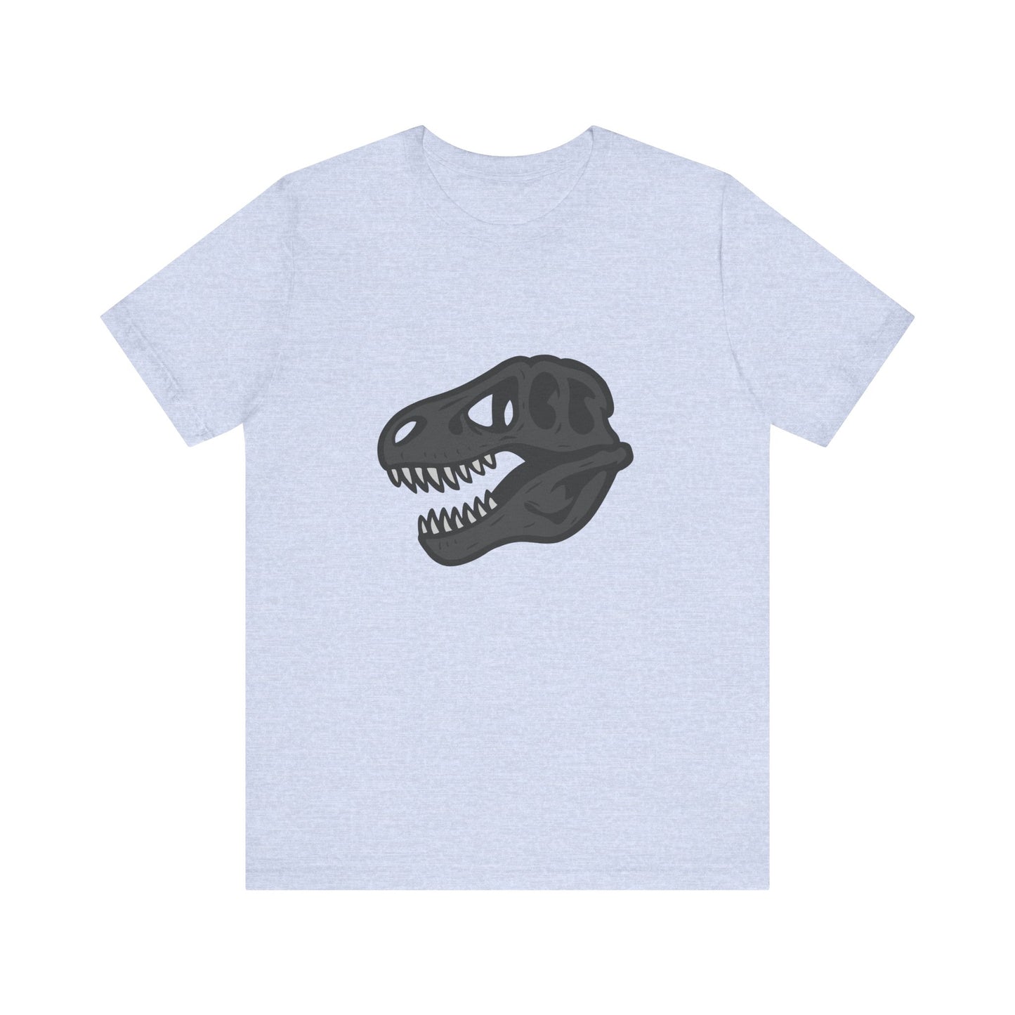 T-Rex Skull Graphic T-Shirt – Dark Theme Grayscale Dinosaur Skeleton Design on Black Tee with Prehistoric Edge and Modern Ghost Effect. Unisex Jersey Short Sleeve Tee