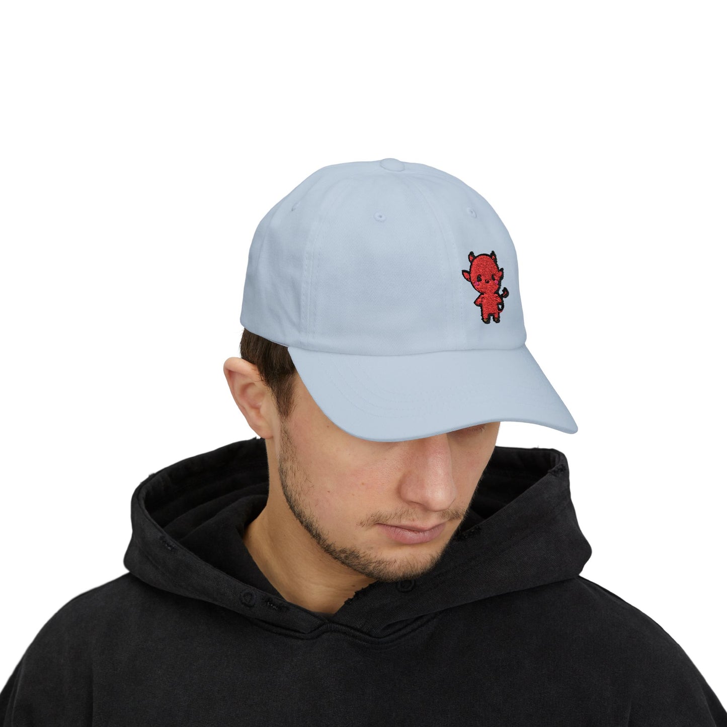 Lil Devil Embroidered Classic Dad Hat – Cute Red Devil Design for Halloween, Spooky Style, and Mischievous Everyday Vibes