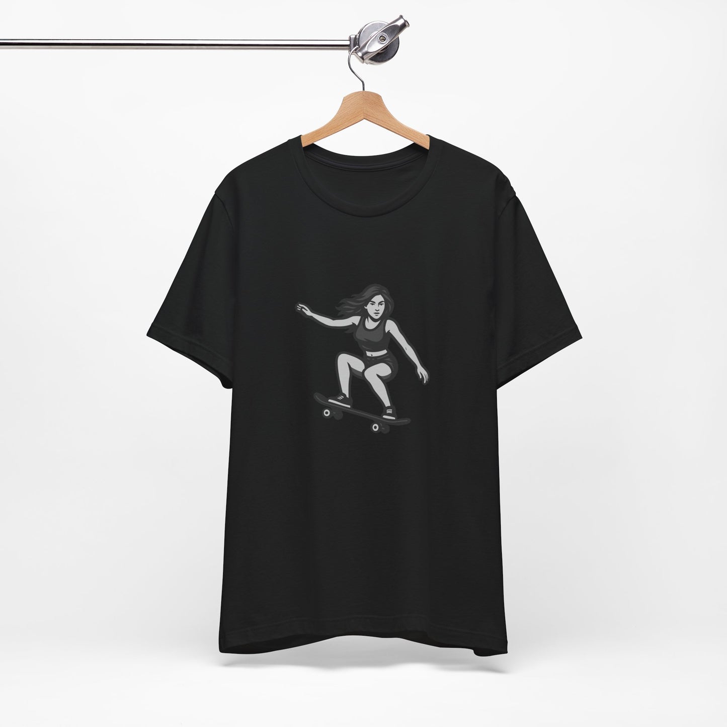 Skater Girl Graphic T-Shirt – Dark Theme Grayscale Skateboarding Design on Black Tee with Bold Motion and Modern Ghost Effect. Unisex Jersey Short Sleeve Tee