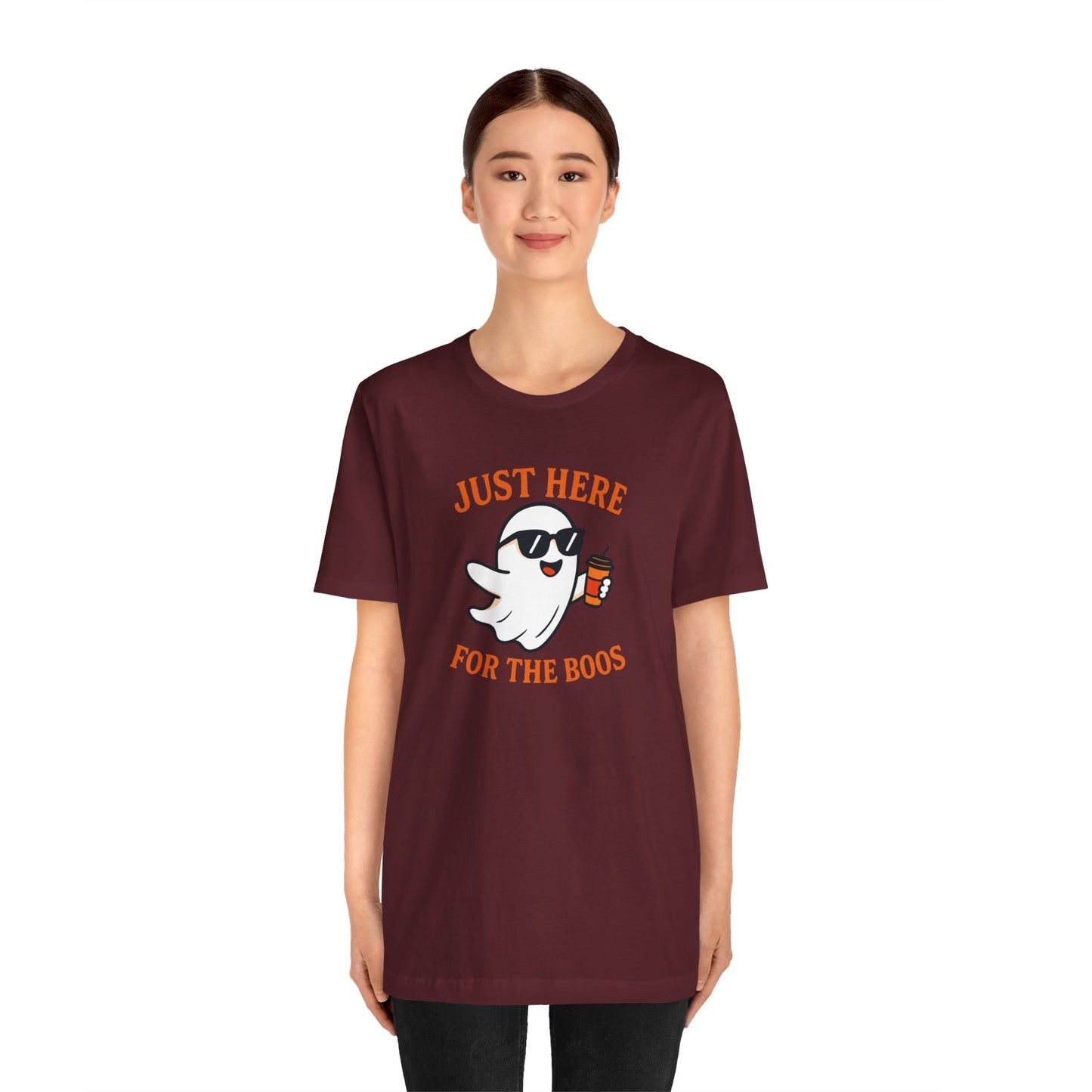 Just Here for the Boos Halloween Shirt – Funny Ghost Drinking Coffee Graphic Tee for Spooky Season