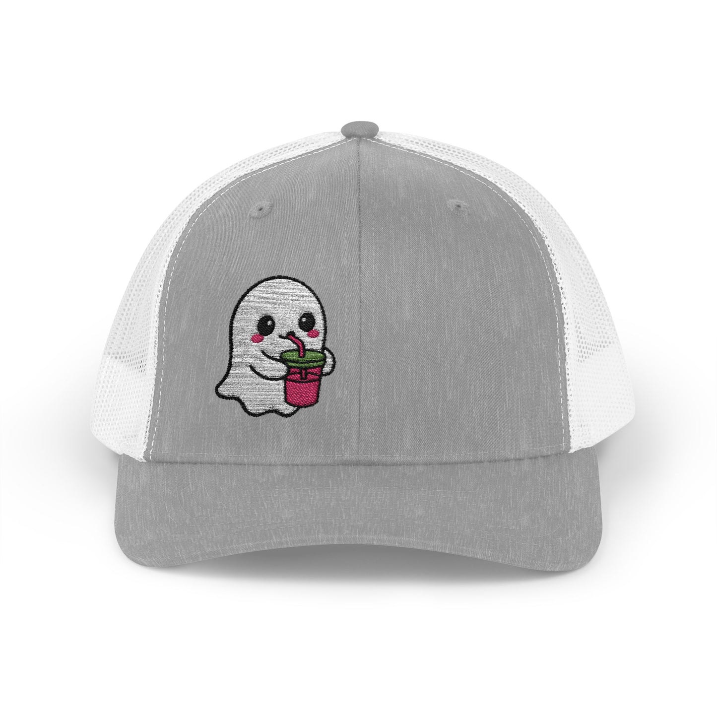 Cute Ghost Trucker Hat – Embroidered Kawaii Ghost Drinking Hat for Halloween Vibes and Everyday Boo Energy