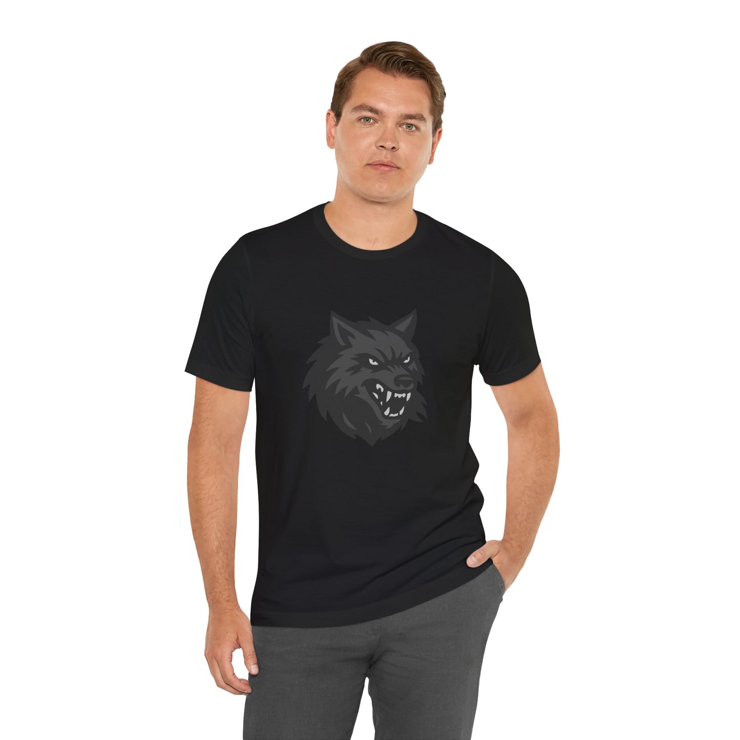 Dark Theme Wolf Head Shirt – Fierce Growling Wolf Face Graphic in Black and Grey for Bold, Edgy Style. Unisex Jersey Short Sleeve Tee