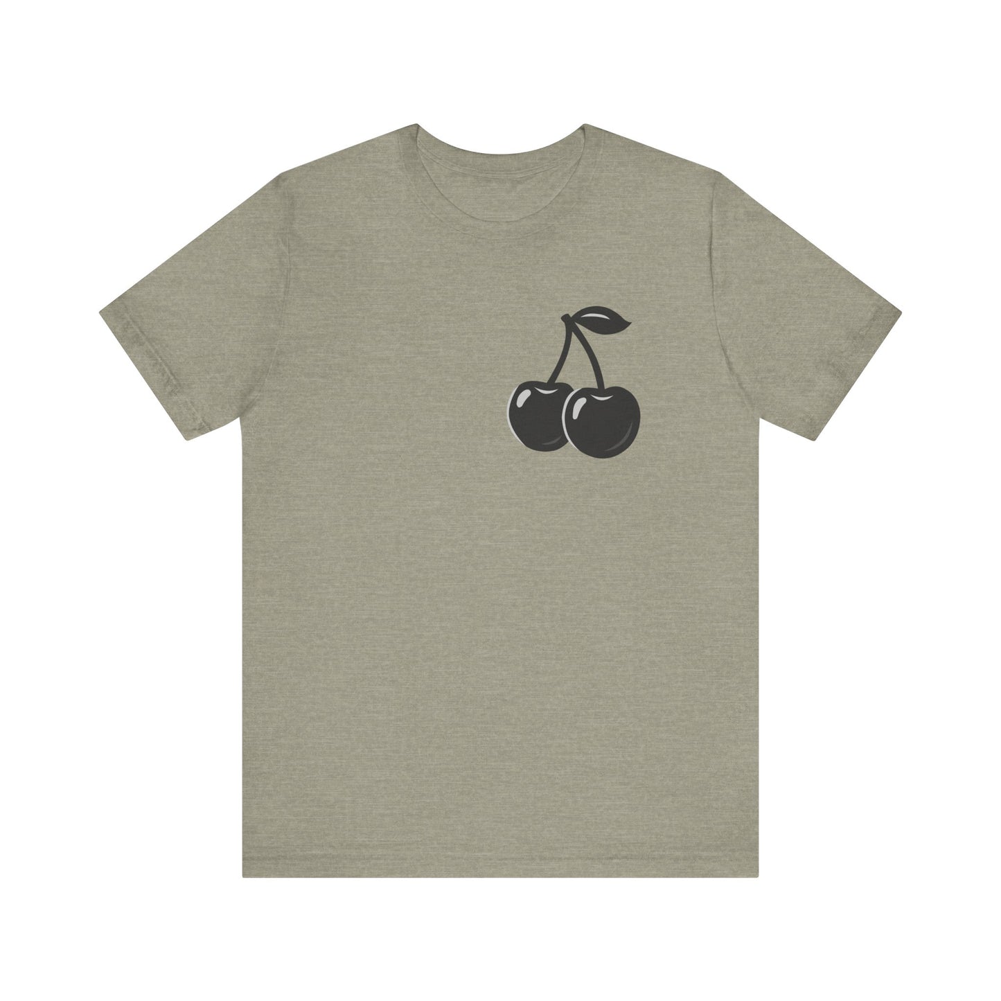 Dark Cherry Graphic T-Shirt – Minimal Dark Theme Grayscale Fruit Design on Black Tee with Subtle Style and Modern Ghost Effect. Unisex Jersey Short Sleeve Tee