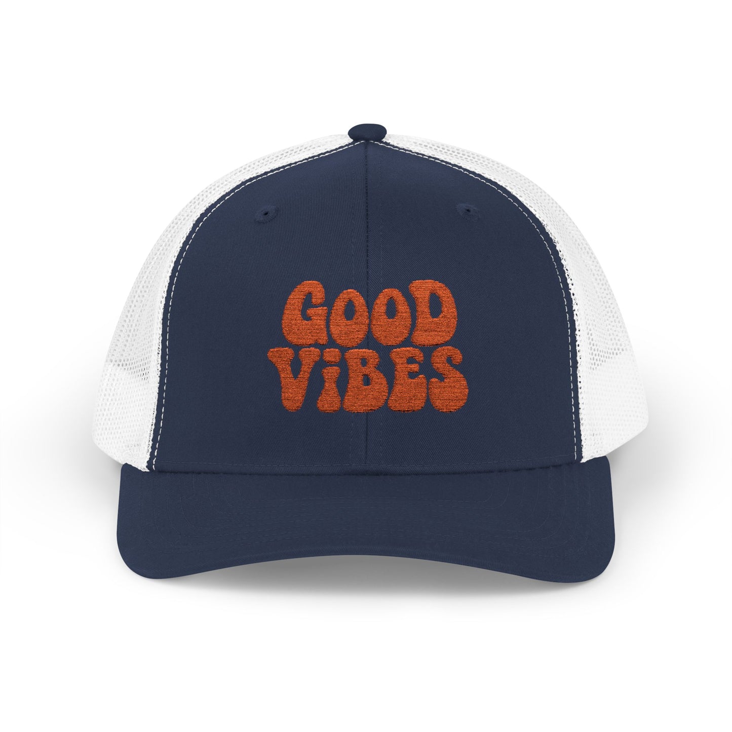 Good Vibes Trucker Hat – Embroidered Retro Text Hat for Positive Vibes, Chill Style, and Everyday Feel-Good Energy. Orange Letters