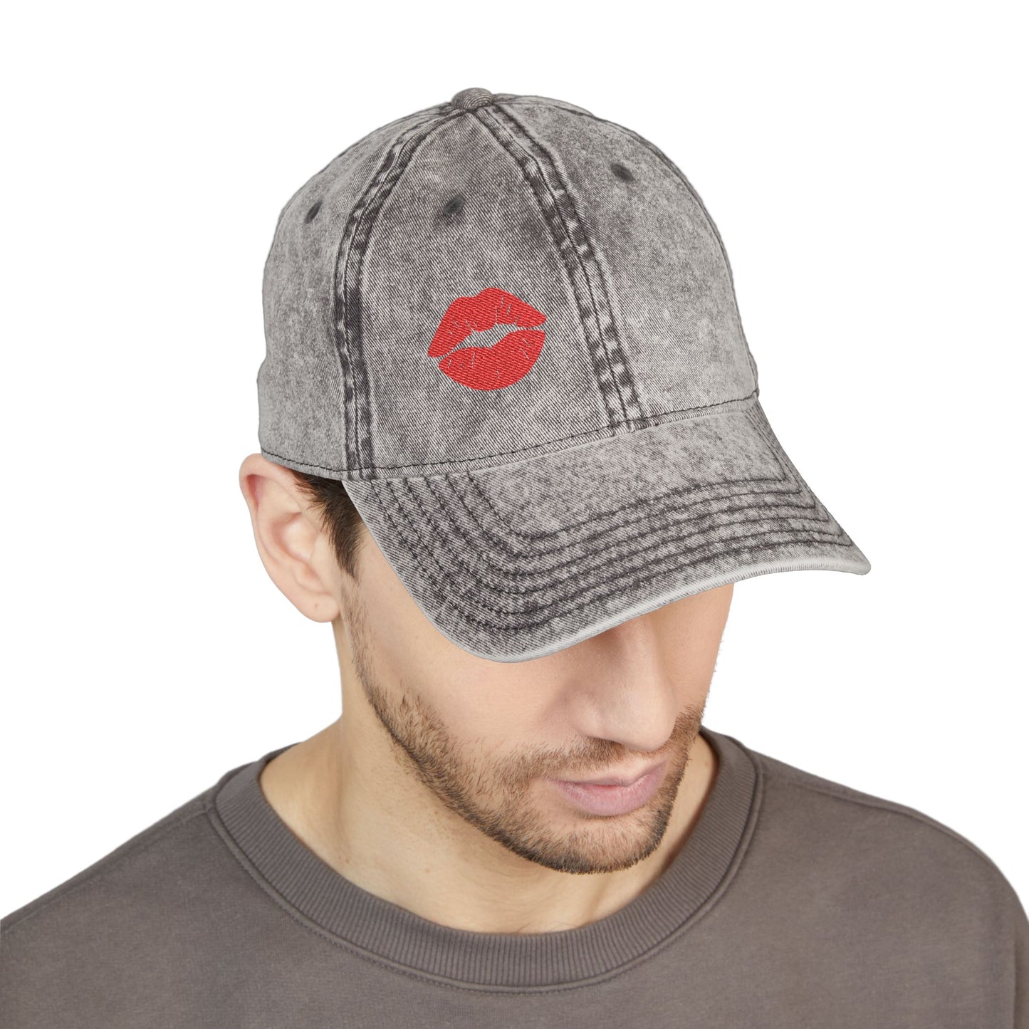 Red Lips Vintage Hat – Bold Embroidered Kiss Hat for Flirty, Fun Style