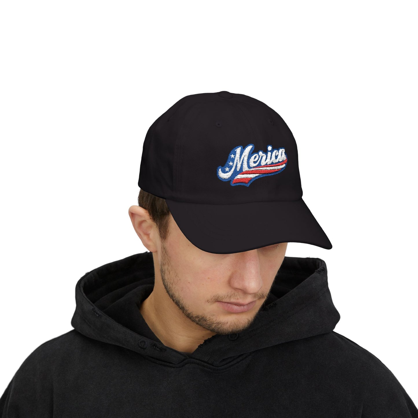 MERICA Embroidered Classic Dad Hat – Patriotic USA Hat with Bold Stars and Stripes Script Design for 4th of July and American Pride