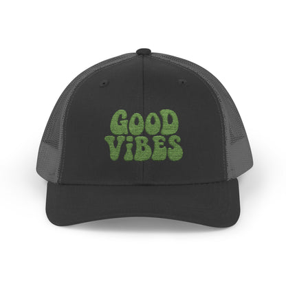 Good Vibes Trucker Hat – Embroidered Retro Text Hat for Positive Vibes, Chill Style, and Everyday Feel-Good Energy. Green Letters