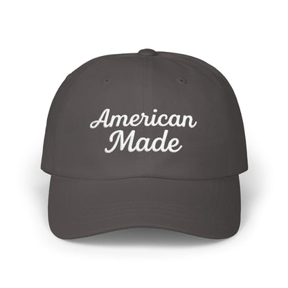 American Made Classic Dad Hat – Embroidered Patriotic Baseball Hat with Retro Script for USA Pride and Everyday Wear. White Letters