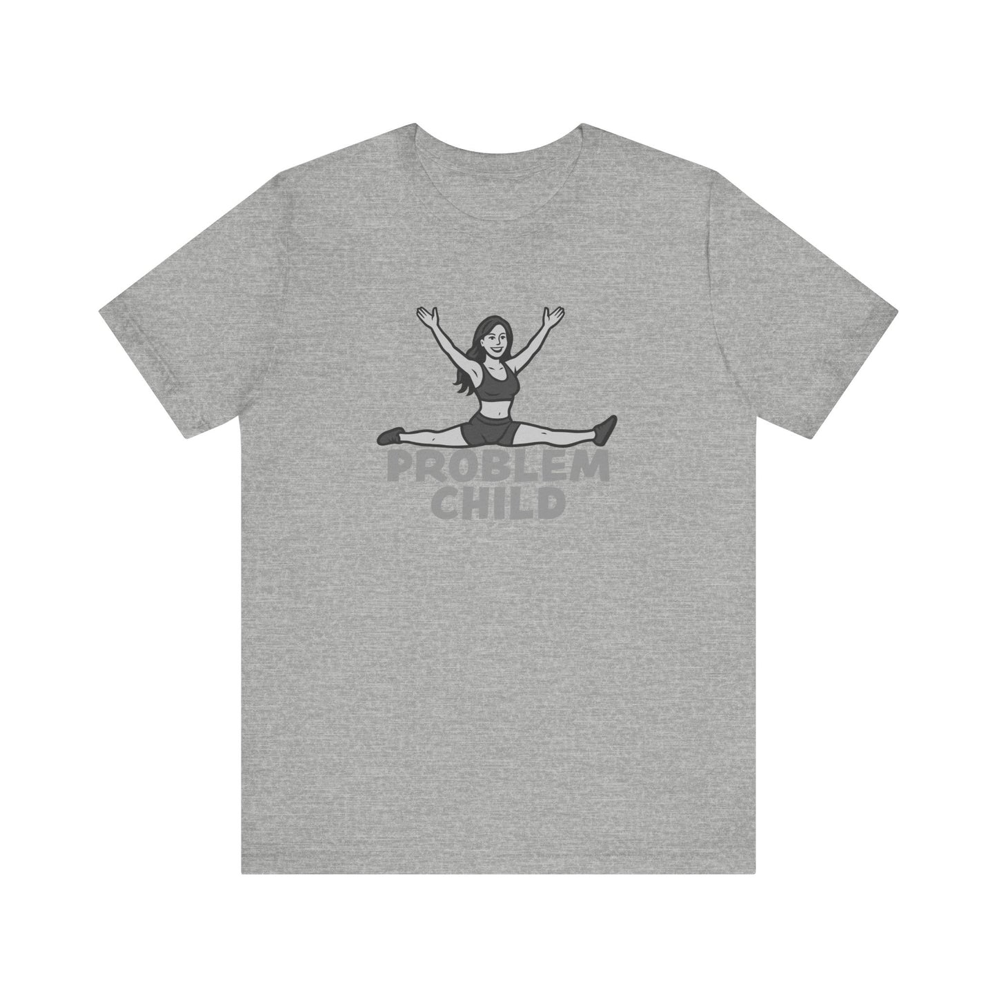 Problem Child Graphic Tee Cheerful Rebel Jump Pose in Bold Dark Theme Monochrome Style. Unisex Jersey Short Sleeve Tee