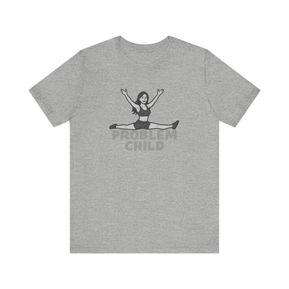 Problem Child Graphic Tee Cheerful Rebel Jump Pose in Bold Dark Theme Monochrome Style. Unisex Jersey Short Sleeve Tee