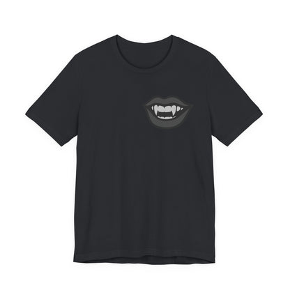 Vampire Mouth Graphic T-Shirt – Dark Theme Grayscale Fanged Lips on Black Tee with Gothic Bite and Modern Ghost Effect. Unisex Jersey Short Sleeve Tee