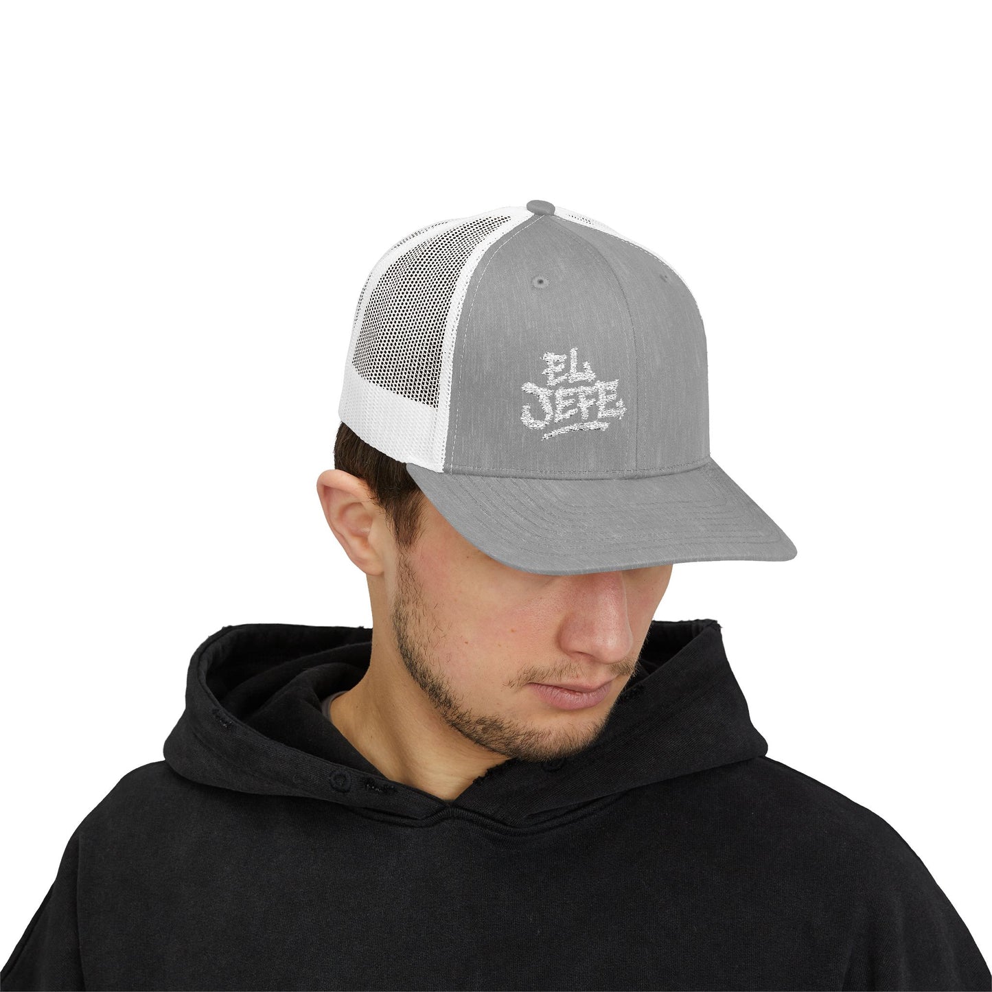 El Jefe Trucker Hat – Embroidered Bold Text Hat for Boss Energy, Leadership Style, and Latin Flair. White Letters