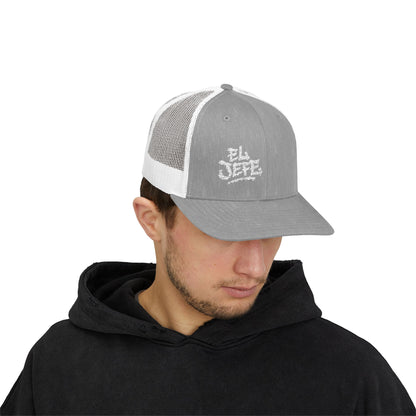 El Jefe Trucker Hat – Embroidered Bold Text Hat for Boss Energy, Leadership Style, and Latin Flair. White Letters