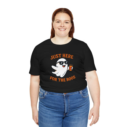 Just Here for the Boos Halloween Shirt – Funny Ghost Drinking Coffee Graphic Tee for Spooky Season