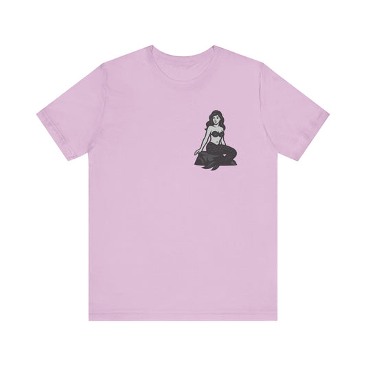 Mermaid Graphic T-Shirt – Dark Theme Grayscale Siren on Rock Design on Black Tee with Fantasy Vibes and Modern Ghost Effect. Unisex Jersey Short Sleeve Tee