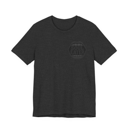 Soul Eater Mouth Graphic T-Shirt – Dark Theme Grayscale Teeth Typography on Black Tee with Horror Vibes and Modern Ghost Effect. Unisex Jersey Short Sleeve Tee