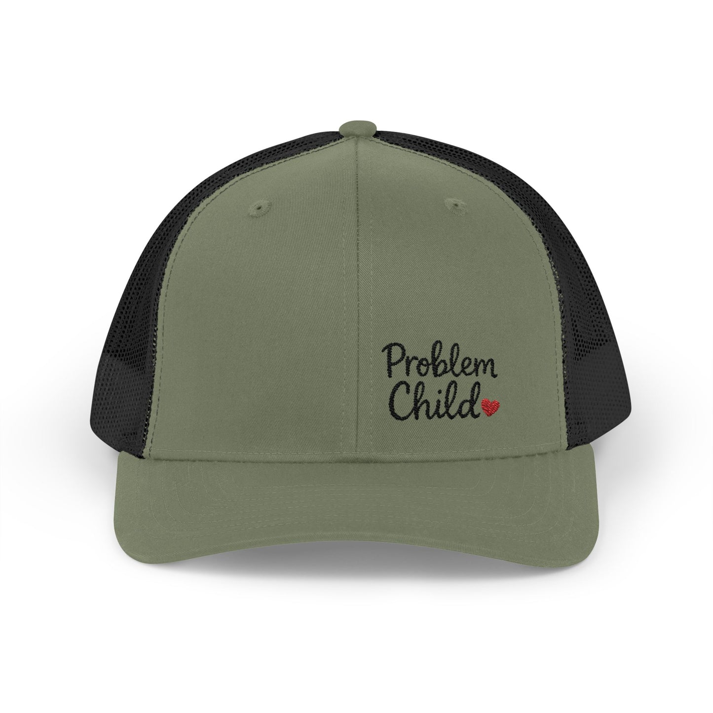 Problem Child Trucker Hat – Bold Script Hat with Red Heart for the Unruly and Unapologetic.
