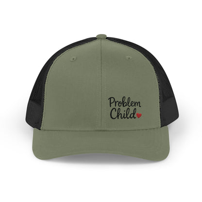 Problem Child Trucker Hat – Bold Script Hat with Red Heart for the Unruly and Unapologetic.