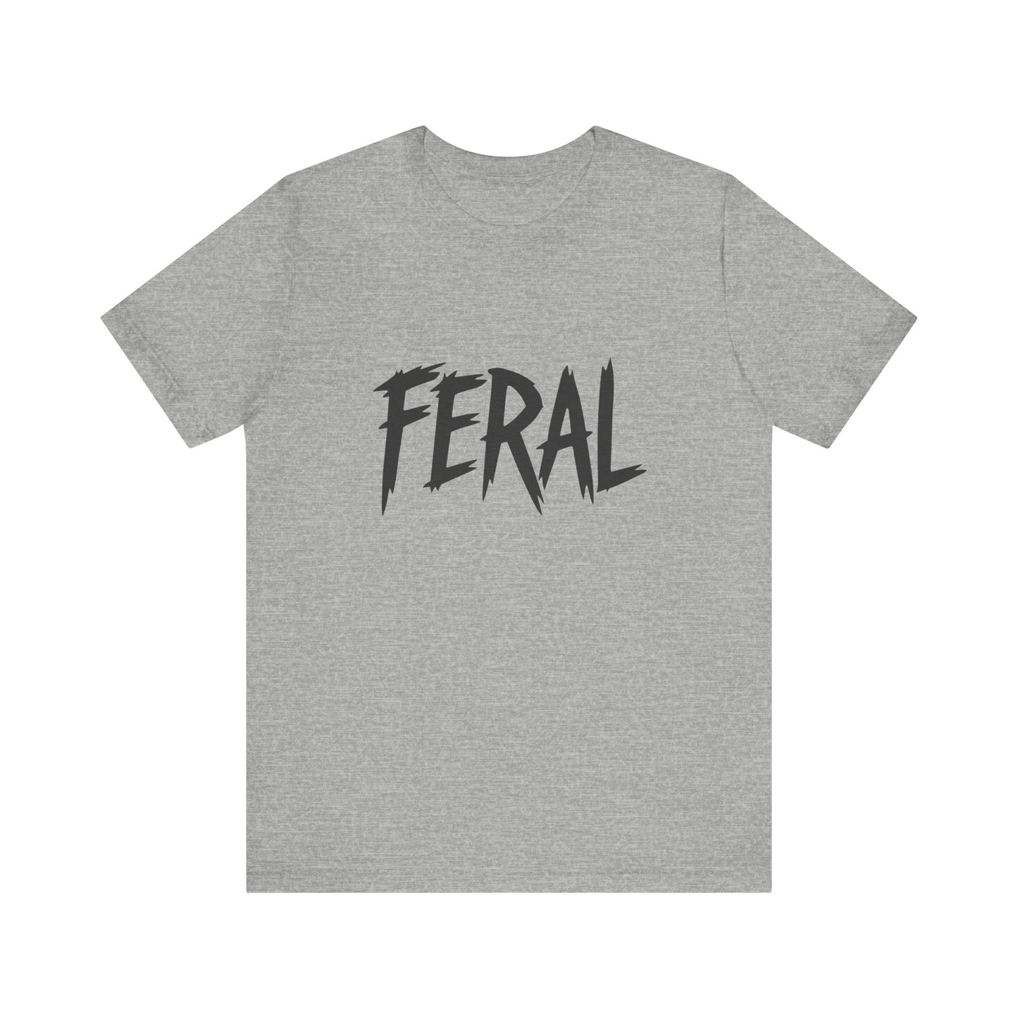 FERAL Text Graphic T-Shirt – Bold Dark Theme Lettering on Black Tee with Untamed Energy and Subtle Modern Ghost Effect. Unisex Jersey Short Sleeve Tee
