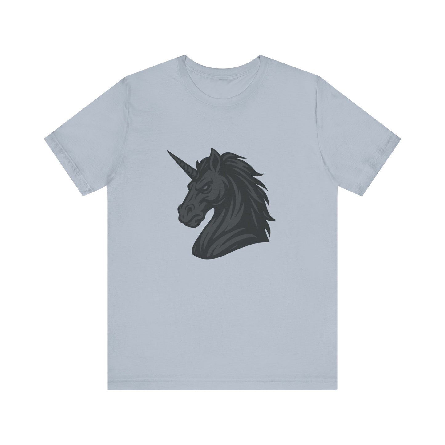 Dark Unicorn Profile T-Shirt – Dark Theme Grayscale Fierce Mythical Horse Design on Black Tee with Gothic Magic and Modern Ghost Effect. Unisex Jersey Short Sleeve Tee