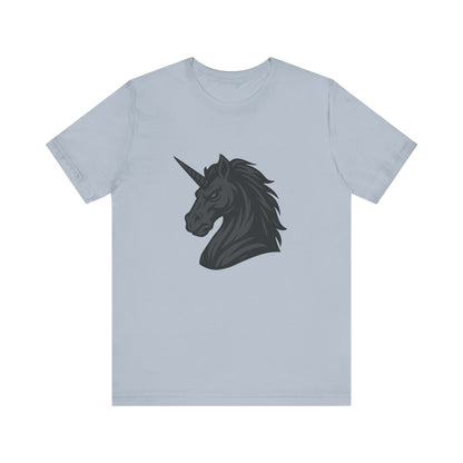 Dark Unicorn Profile T-Shirt – Dark Theme Grayscale Fierce Mythical Horse Design on Black Tee with Gothic Magic and Modern Ghost Effect. Unisex Jersey Short Sleeve Tee