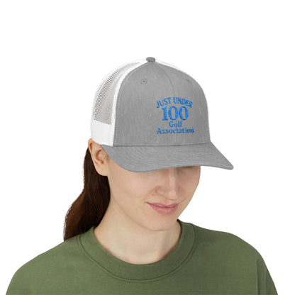 Just Under 100 Golf Trucker Hat – Embroidered Funny Golf Hat for Weekend Golfers and Casual Fairway Vibes. Blue Letters