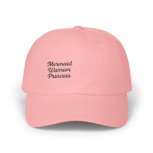 Mermaid Warrior Princess Embroidered Classic Dad Hat – Bold Text Hat for Ocean Queens, Fantasy Fans, and Fierce Beach Style. Black Letters