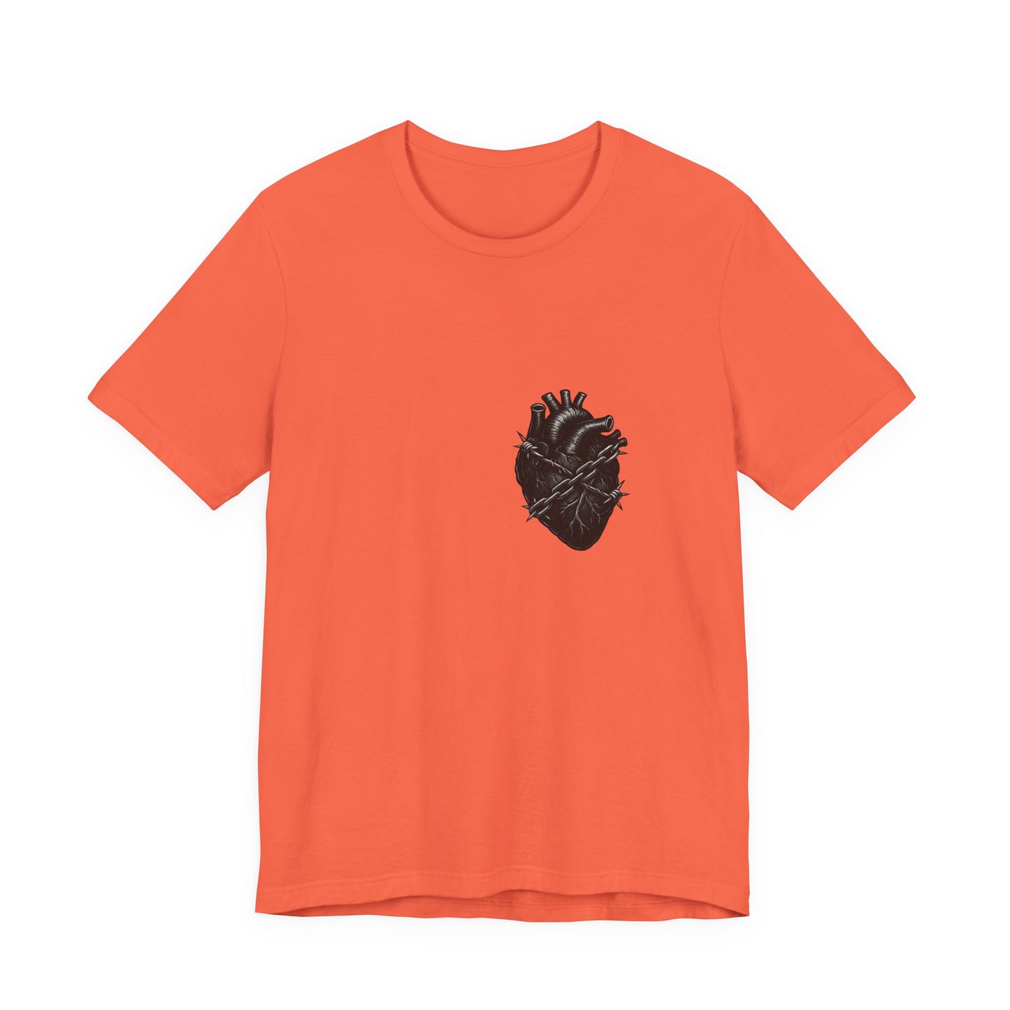 Heart in Chains Shirt – Dark Theme Anatomical Heart Wrapped in Barbed Wire and Commitment Issues. Unisex Jersey Short Sleeve Tee