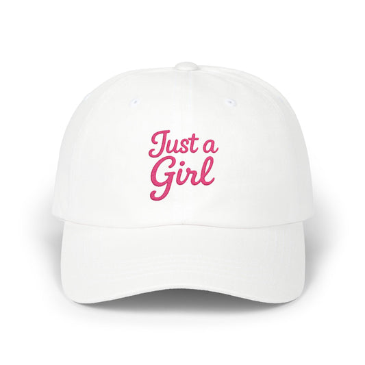 Just a Girl Embroidered Classic Dad Hat – Minimalist Script Baseball Hat with Bold Feminine Energy and Classic Style. Pink Letters