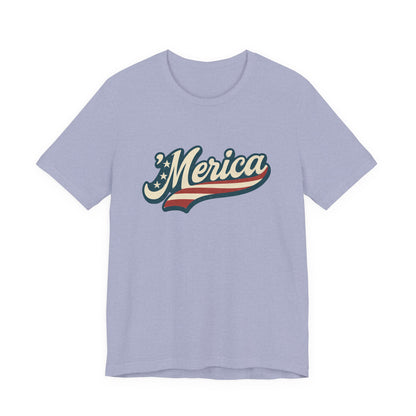'Merica Vintage Script Shirt – Patriotic Retro USA Tee for 4th of July – Independence Day American Pride Design. Unisex Jersey Short Sleeve Tee