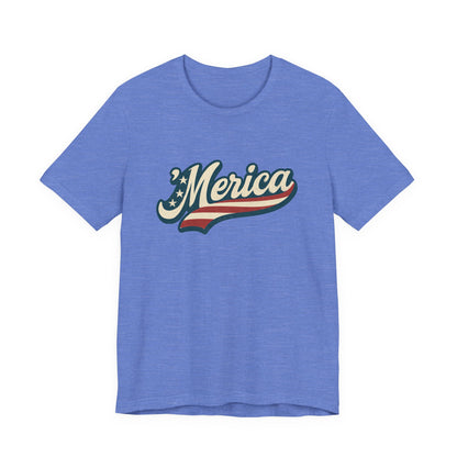 'Merica Vintage Script Shirt – Patriotic Retro USA Tee for 4th of July – Independence Day American Pride Design. Unisex Jersey Short Sleeve Tee