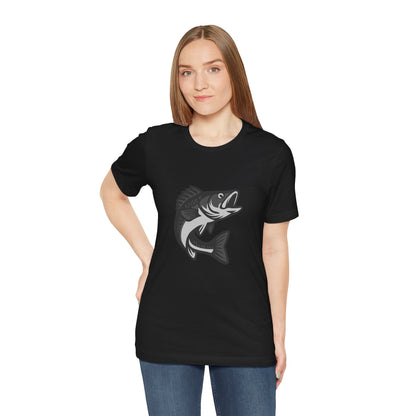 Walleye Fishing Graphic T-Shirt – Dark Theme Grayscale Freshwater Game Fish Design on Black Tee with Angler Energy and Modern Ghost Effect. Unisex Jersey Short Sleeve Tee