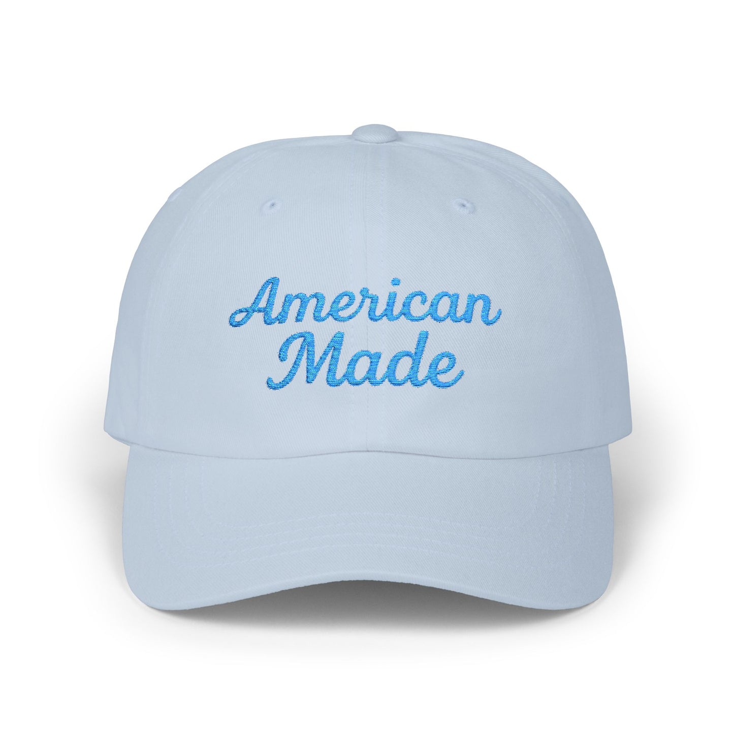 American Made Classic Dad Hat – Embroidered Patriotic Baseball Hat with Retro Script for USA Pride and Everyday Wear. Light blue letters