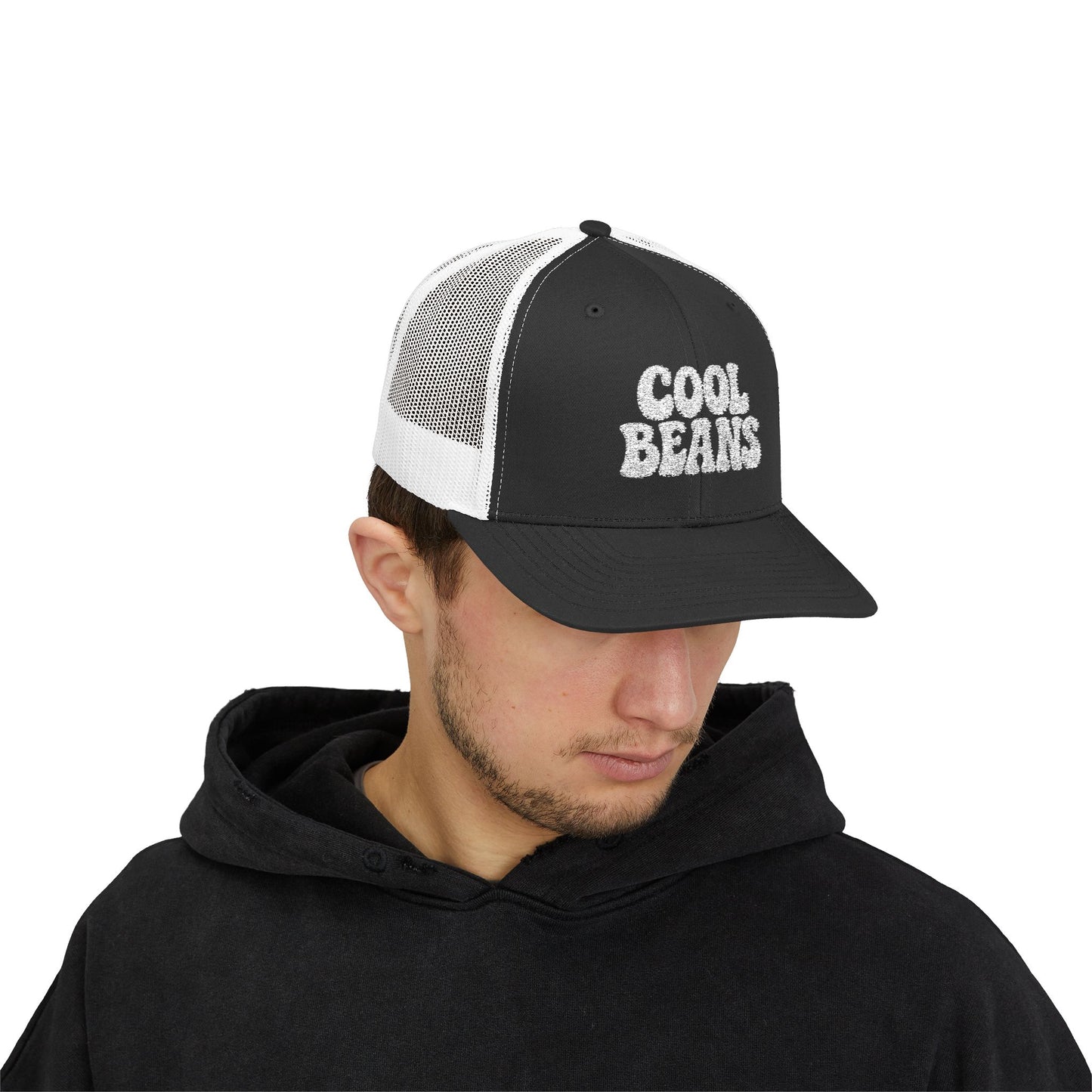 Cool Beans Trucker Hat – Embroidered Funny Minimalist Hat for Dry Humor and Casual Vibes. White Letters