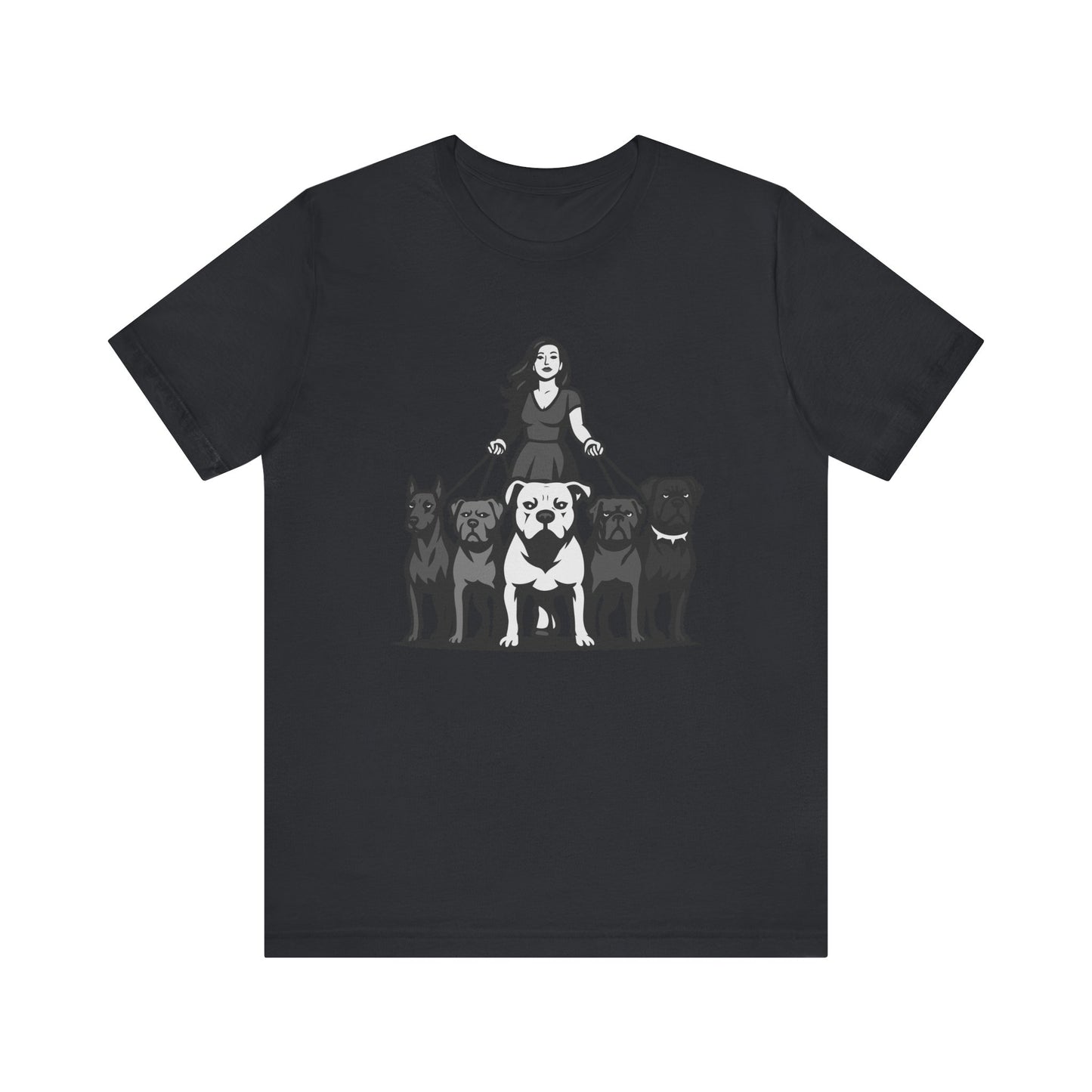 Alpha Woman with Dog Pack Graphic Tee Dark Theme – Confident Dog Walker Vector Design