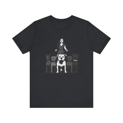 Alpha Woman with Dog Pack Graphic Tee Dark Theme – Confident Dog Walker Vector Design
