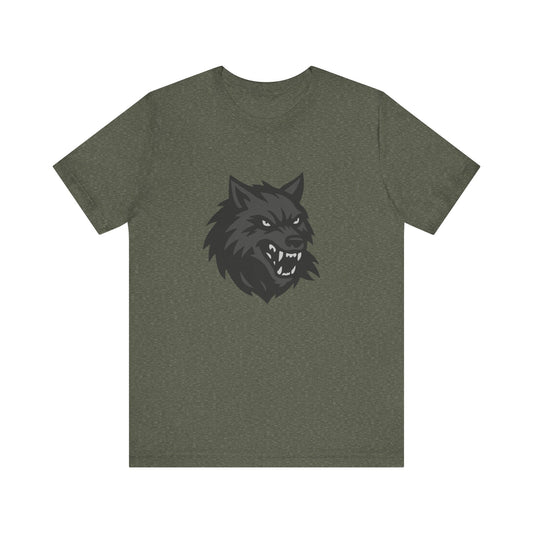 Dark Theme Wolf Head Shirt – Fierce Growling Wolf Face Graphic in Black and Grey for Bold, Edgy Style. Unisex Jersey Short Sleeve Tee