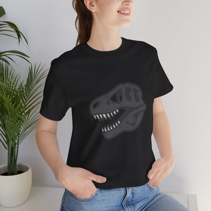 T-Rex Skull Graphic T-Shirt – Dark Theme Grayscale Dinosaur Skeleton Design on Black Tee with Prehistoric Edge and Modern Ghost Effect. Unisex Jersey Short Sleeve Tee