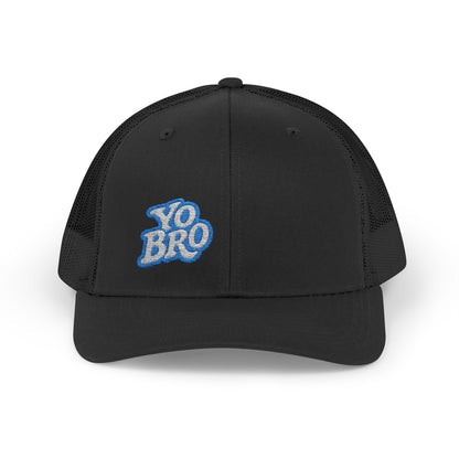 Yo Bro Trucker Hat – Embroidered Blue & White Hat for Laid-Back Vibes