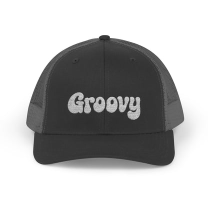 Groovy Trucker Hat – Retro Embroidered Hat with 70s Style Font for Funky Vibes, Chill Days, and Vintage Cool. White Letters