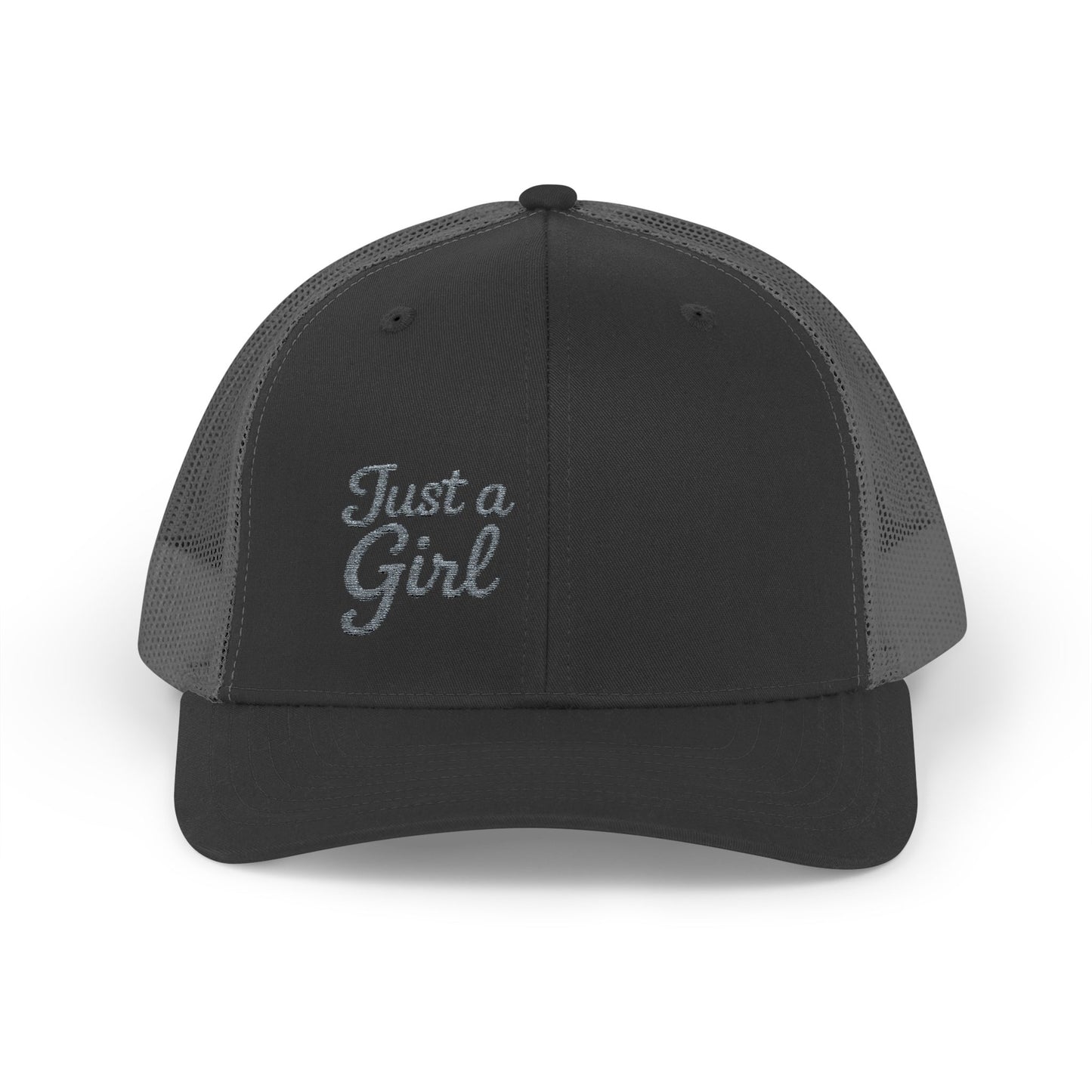 Just a Girl Trucker Hat – Minimalist Script Hat with Bold Feminine Energy and Classic Style. Grey Letters