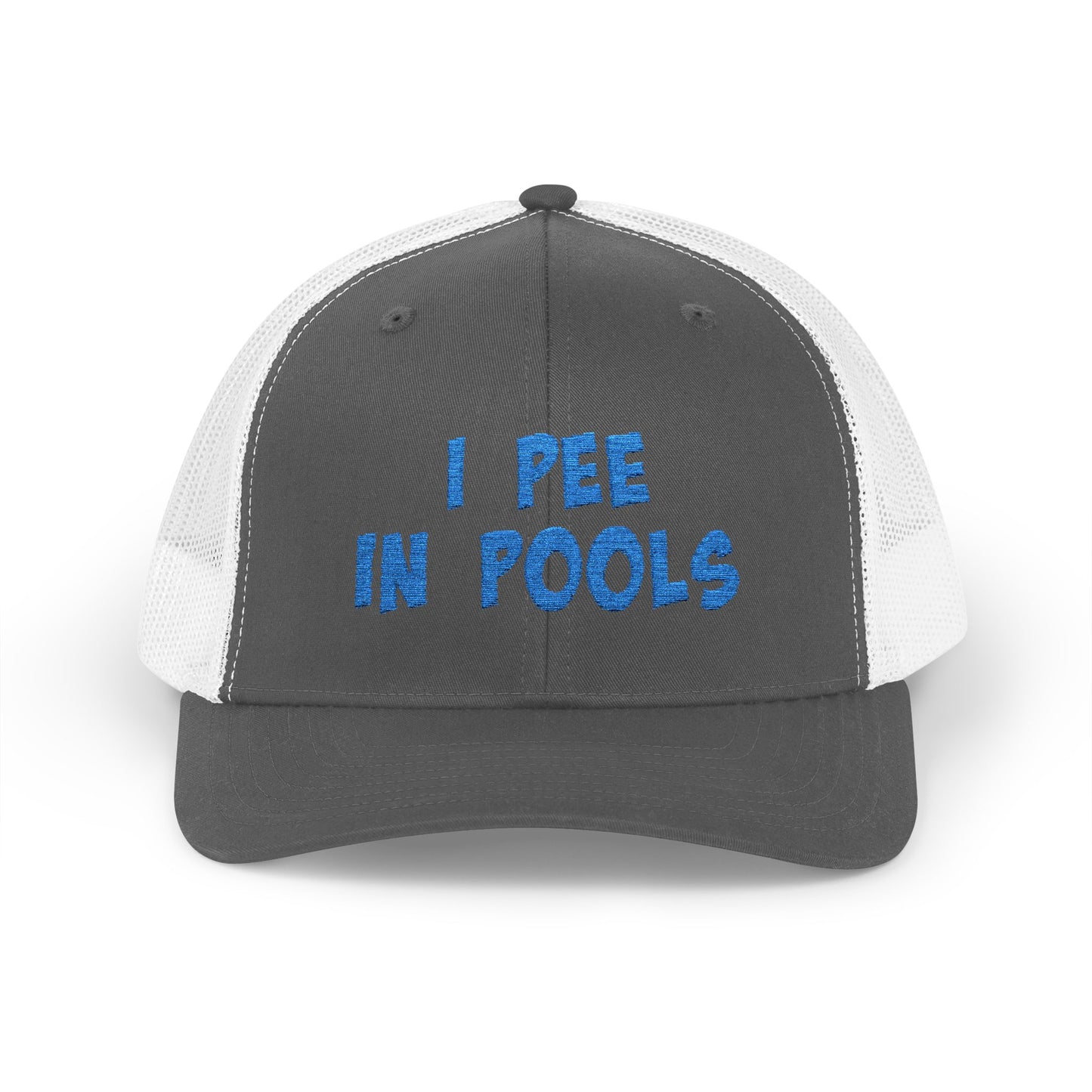 I Pee In Pools Trucker Hat – Funny Hat with Bold Blue Text for Lifeguard Terrors and Poolside Menaces