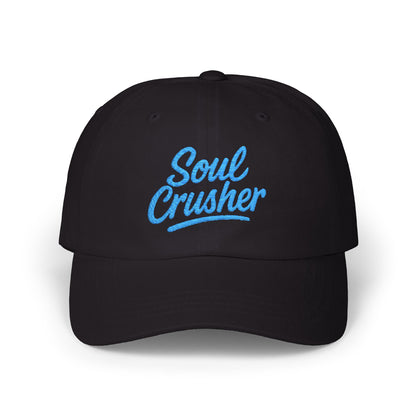Soul Crusher Embroidered Classic Dad Hat – Clean Script Baseball Hat with Bold Edge for Heartbreakers, Villains, and Power Moves. Blue Letters