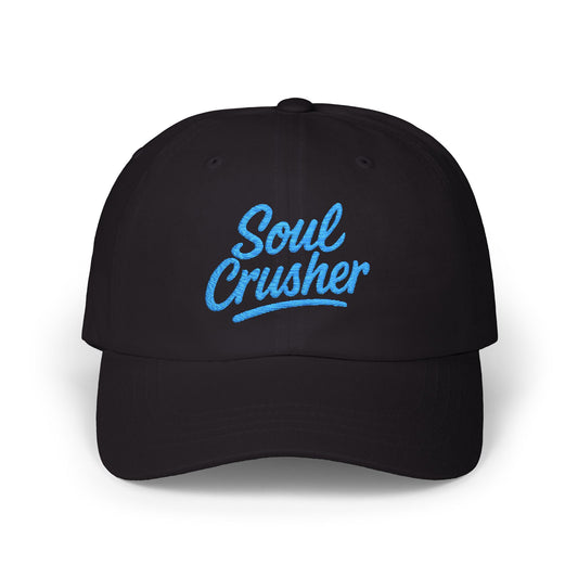 Soul Crusher Embroidered Classic Dad Hat – Clean Script Baseball Hat with Bold Edge for Heartbreakers, Villains, and Power Moves. Blue Letters
