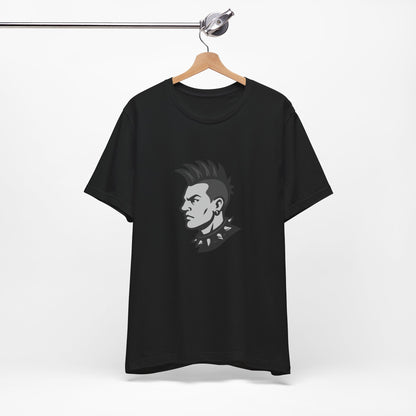 Punk Guy Graphic T-Shirt – Dark Theme Grayscale Mohawk Portrait on Black Tee with Attitude and Subtle Modern Ghost Effect. Unisex Jersey Short Sleeve Tee