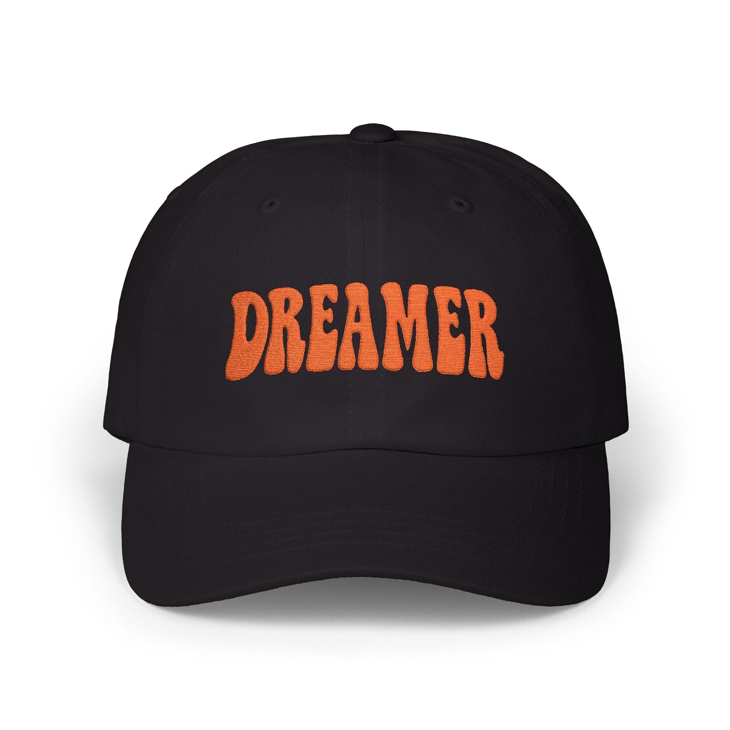 Dreamer Classic Dad Hat – Embroidered Minimalist Script Hat for Visionaries, Creatives, and Chill Daydreamers. Orange Letters