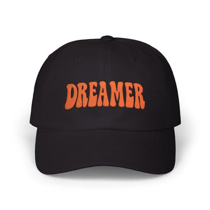 Dreamer Classic Dad Hat – Embroidered Minimalist Script Hat for Visionaries, Creatives, and Chill Daydreamers. Orange Letters