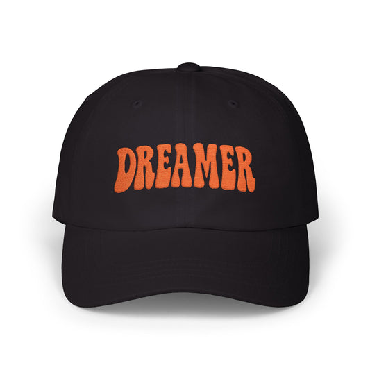 Dreamer Classic Dad Hat – Embroidered Minimalist Script Hat for Visionaries, Creatives, and Chill Daydreamers. Orange Letters