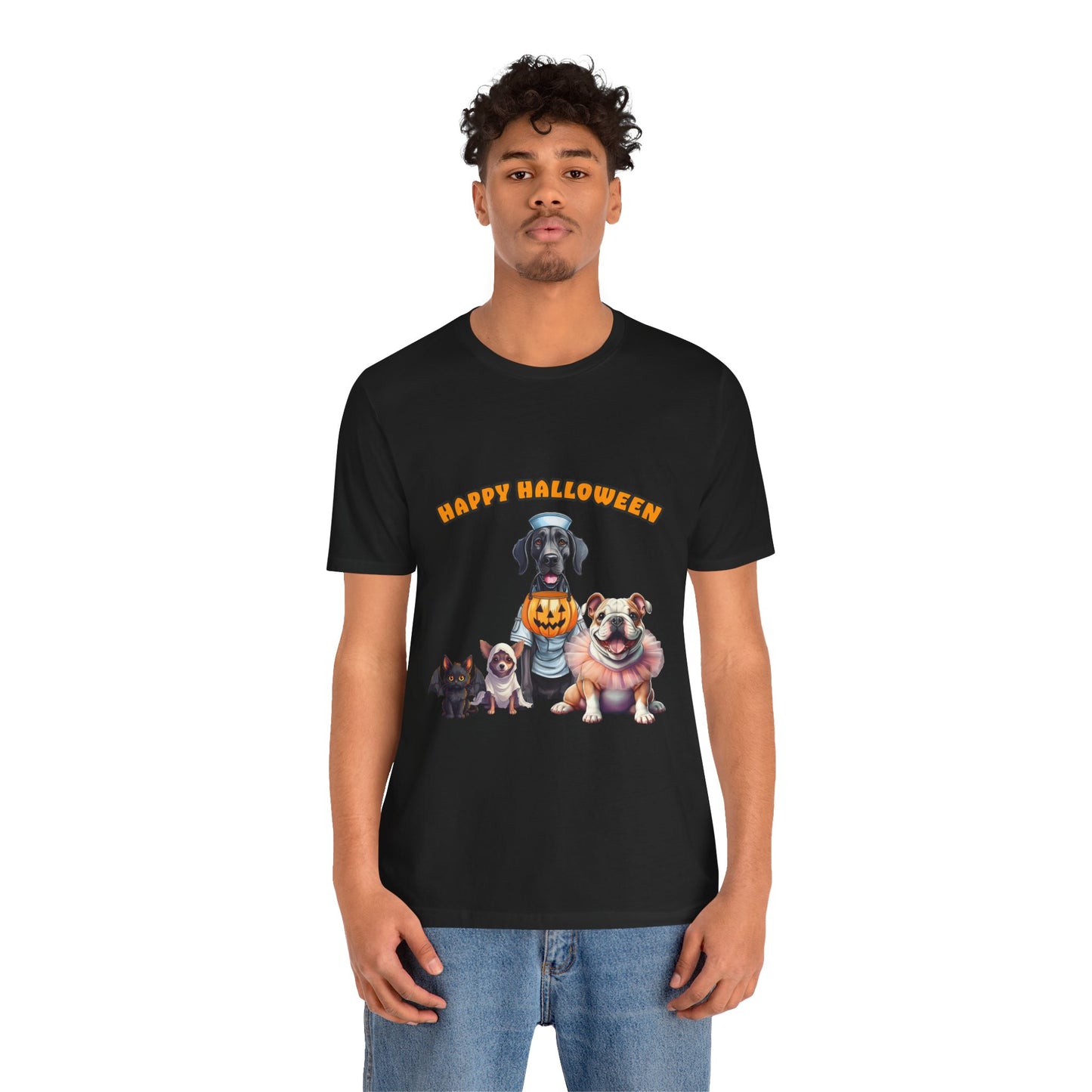 Happy Halloween Pet Parade Shirt – Cute Halloween Dogs and Cat in Costumes. Unisex Jersey Short Sleeve Tee